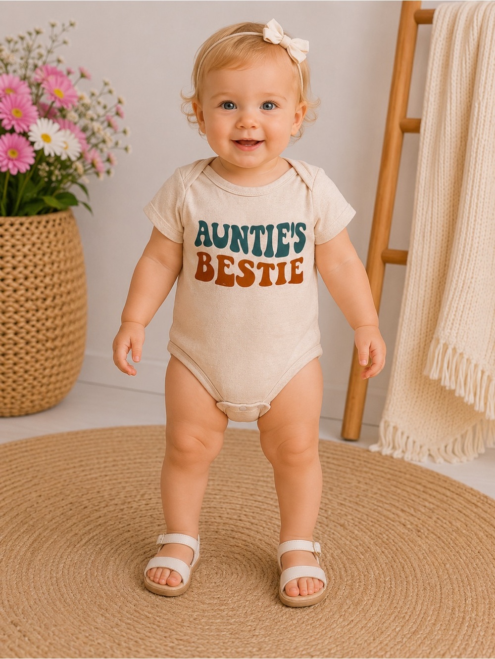 Auntie’s Bestie Graphic Baby Bodysuit Cream Short Sleeve | Size 3–6 Months